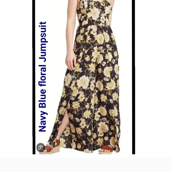 👋 FINAL MARKDOWN CLOSET CLOSINNG WT Spring Navy Blue Floral Jumpsuit Leg Slit - Picture 3 of 9